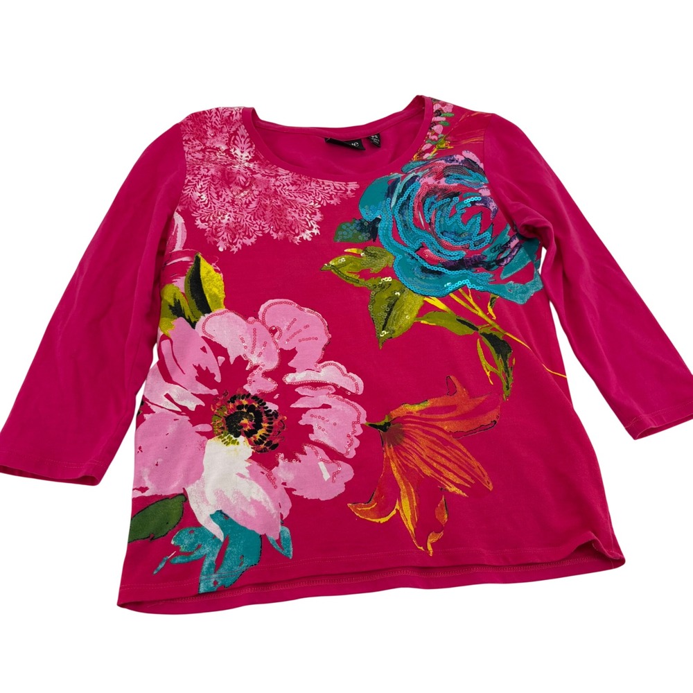 Onque Casual Pink Floral Sequin 3/4 Sleeve Top Petite Small PS